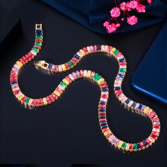 COPY - Pave Multiple Rainbow Rectangle Baguette Chain Link Gold Silver Chocker … - Picture 3 of 9